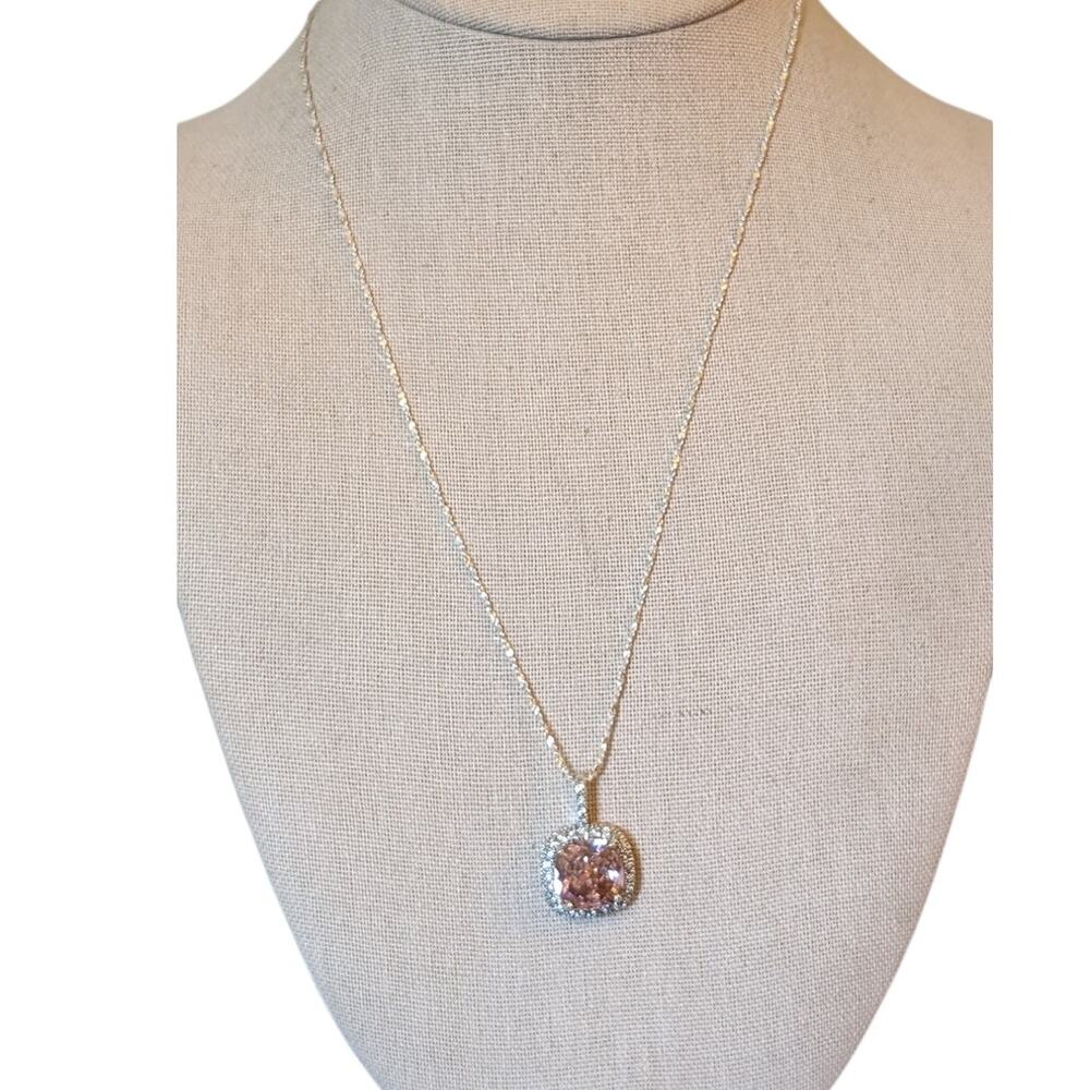 925 Silver Checkerboard Faceted Pink Cushion Set Glass Stone W/ CZ Necklace